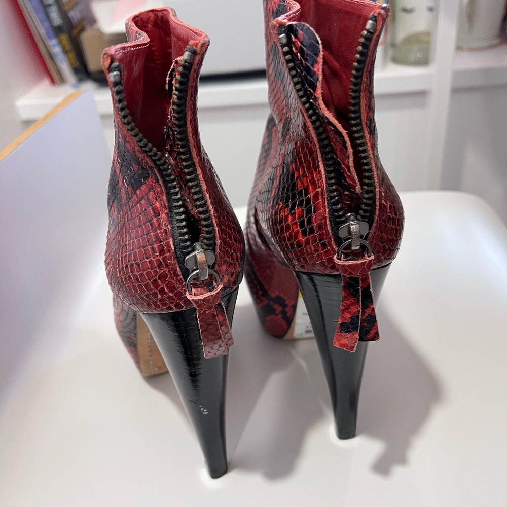 Alice + Olivia Paige red python platform booties